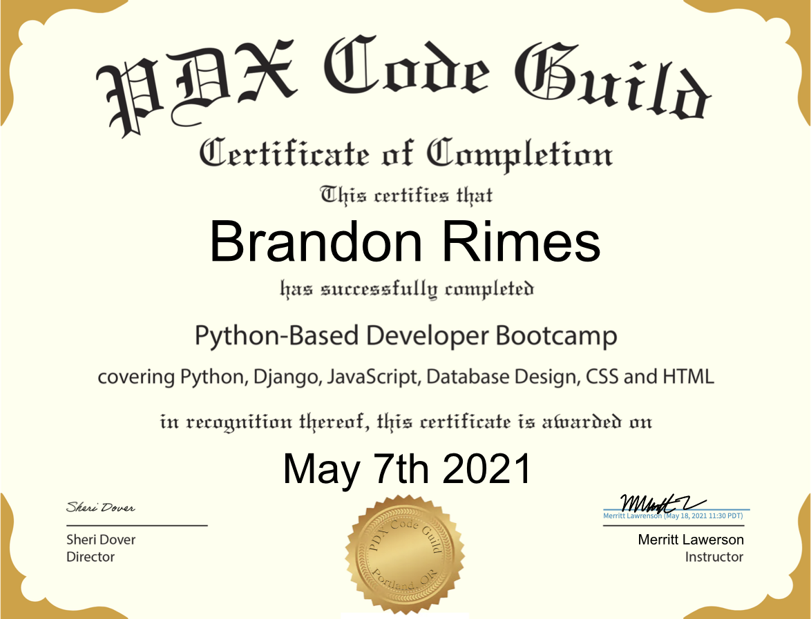 PDX Code Guild certificate of completion